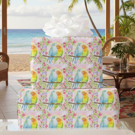 Papel De Regalo Pájaros de amor con flores rosadas en acuarela
