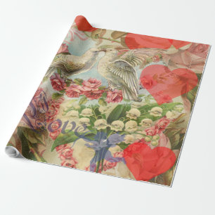 Papel De Regalo Pájaros de Amor Vintage Antiguo Corazón