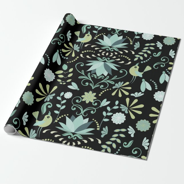 Papel De Regalo Pájaros de boho floridos azul negro (Desenrollado)