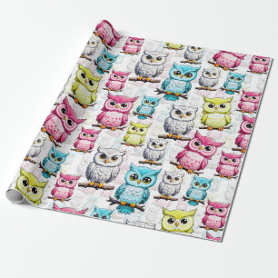 Papel De Regalo Pájaros de búho coloridos Patrón de fondo blanco
