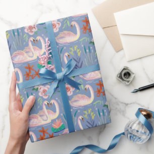 Papel De Regalo Pájaros de cisne Patrón Azul Botánico Floral