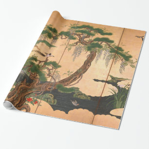 Papel De Regalo Pájaros de Kano Eino y flores de la primavera y
