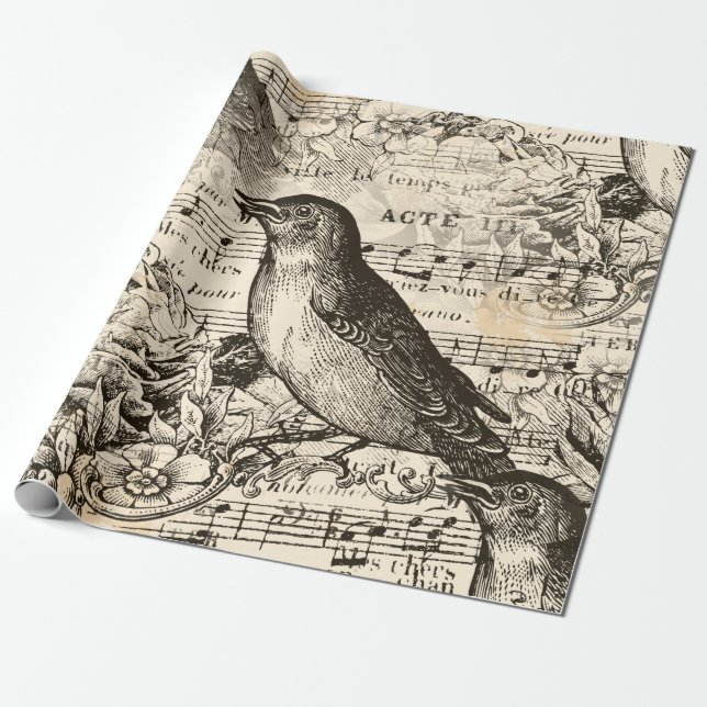 Papel De Regalo pájaros de la música victoriana (Desenrollado)