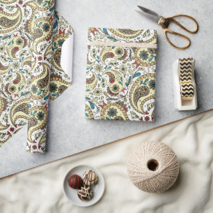 Papel De Regalo Pájaros de paisley amarillos/marrones y blancos