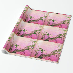 Papel De Regalo PÁJAROS DE PRIMAVERA Y ÁRBOL DE FLORES Marrón rosa