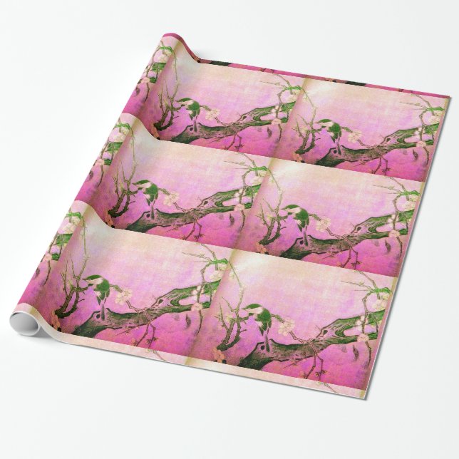 Papel De Regalo PÁJAROS DE PRIMAVERA Y ÁRBOL DE FLORES Marrón rosa (Desenrollado)