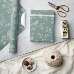 Papel De Regalo Pájaros de Toile Francés Azul y Crema