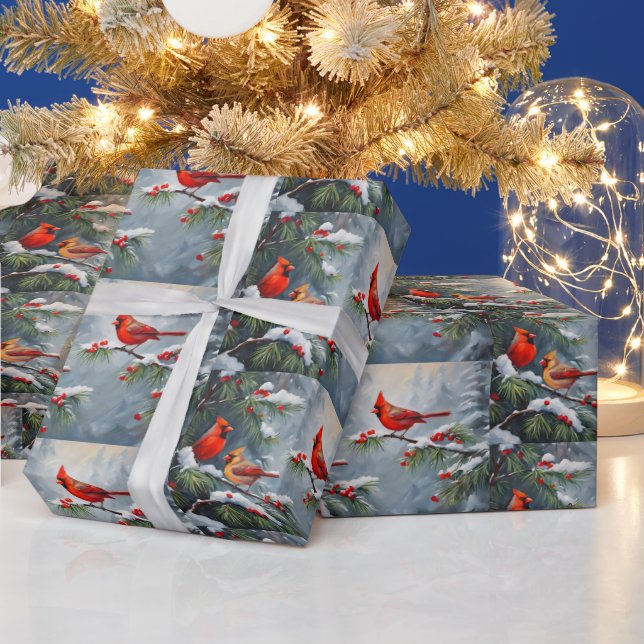 Papel De Regalo Pájaros del cardenal rojo con bayas silvestres (Vacaciones)