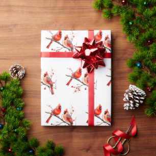 Papel De Regalo Pájaros del cardenal rojo en rama de árbol holly
