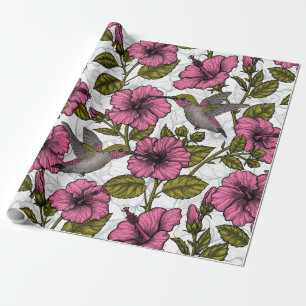 Papel De Regalo Pájaros húmedos y flores de hibisco rosa
