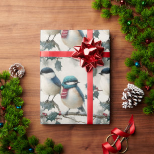 Papel De Regalo Pájaros invernales de acuarela con bufanda roja