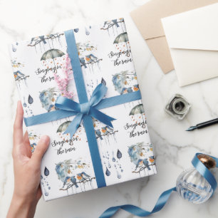 Papel De Regalo Pájaros Naranja Azules Cantando en la Lluvia