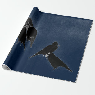 PAPEL DE REGALO PÁJAROS NEGROS EN PINTURA DE TINTA AZUL JAPONESA