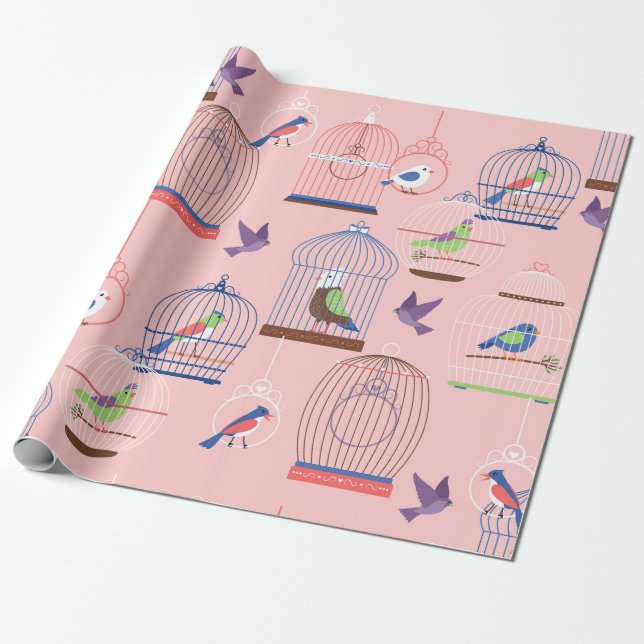 Papel De Regalo pájaros pájaros de pajarera rosa pastel (Desenrollado)