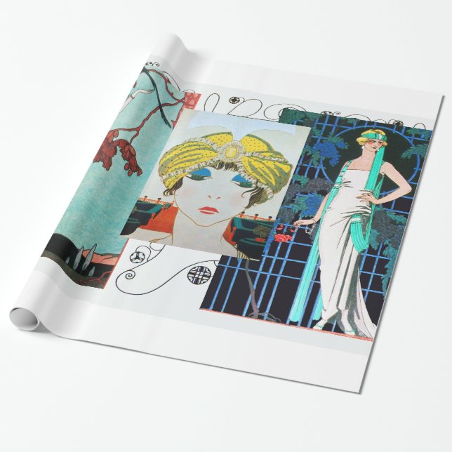 PAPEL DE REGALO PÁJAROS VUELTOS / NOCHE ROSA ART DECO BELLEZA MODA (Desenrollado)