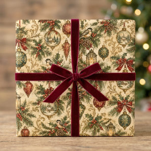Papel De Regalo Pájaros y adornos de Navidad vintage nostálgicos