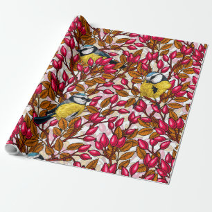 Papel De Regalo Pájaros y caderas de rosas de perro