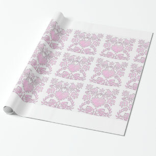 Papel De Regalo Pájaros y Corazones de Amor Rosados y Blancos