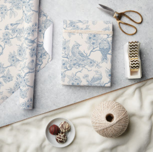 Papel De Regalo Pájaros y flor de cerezo en azul y blanco desvaído