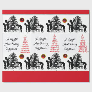 Papel De Regalo PÁJAROS Y NAVIDAD ÁRBOL Gemas Rojas Blancas Negras
