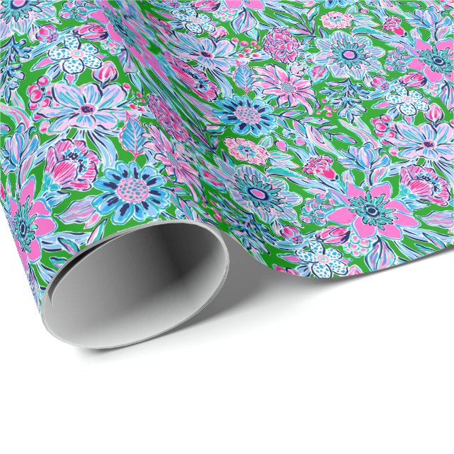 Papel De Regalo Palm Beach Preppy Imprime flores rosas y verdes (Esquina del rollo)
