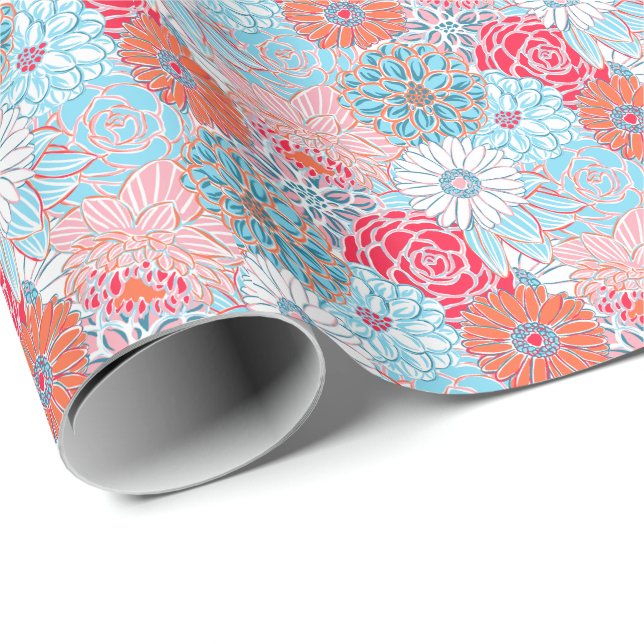 Papel De Regalo Palm Beach Preppy Imprime flores Verde azuladas y  (Esquina del rollo)