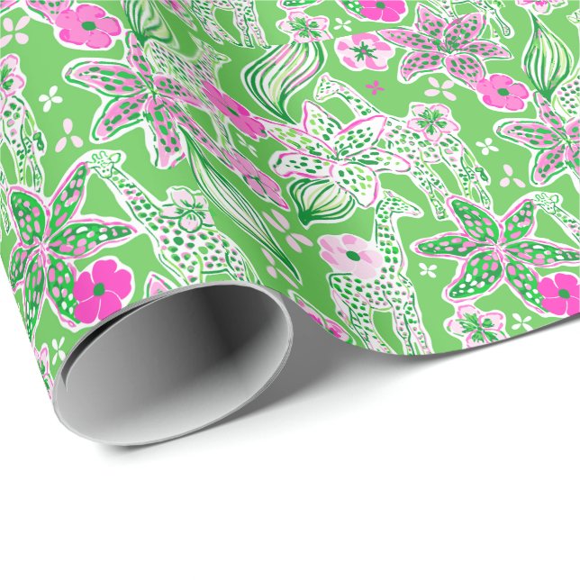 Papel De Regalo Palm Beach Preppy Imprime jirafas rosas y verdes (Esquina del rollo)