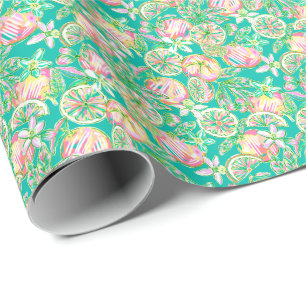 Papel De Regalo Palm Beach Preppy Imprime Naranjas Verde azulados