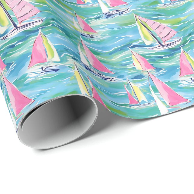 Papel De Regalo Palm Beach Preppy Imprimir veleros rosados (Esquina del rollo)