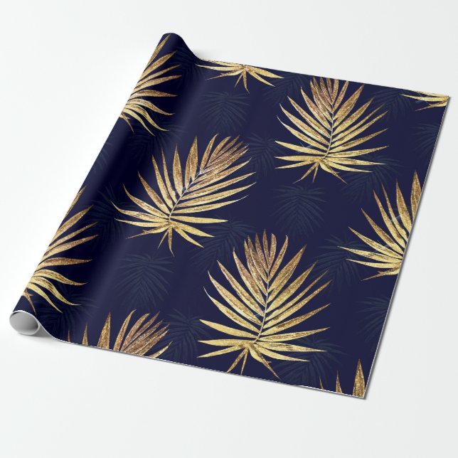 Papel De Regalo Palm de oro azul tropical deja vegetación (Desenrollado)