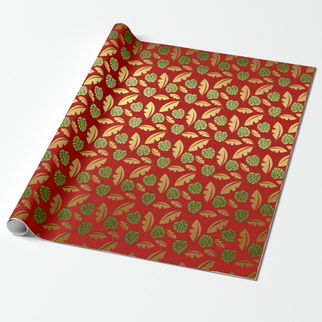 Papel De Regalo Palm Hawaii Leafs Emerald Green Gold (Desenrollado)