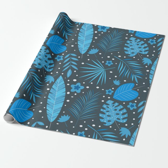 Papel De Regalo Palm Monstera Tropical Azul y Turquesa (Desenrollado)