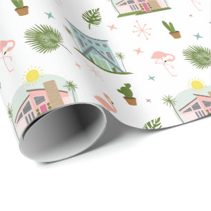 Papel De Regalo Palm Springs Flamingo Cactus Patrón de Medio Siglo