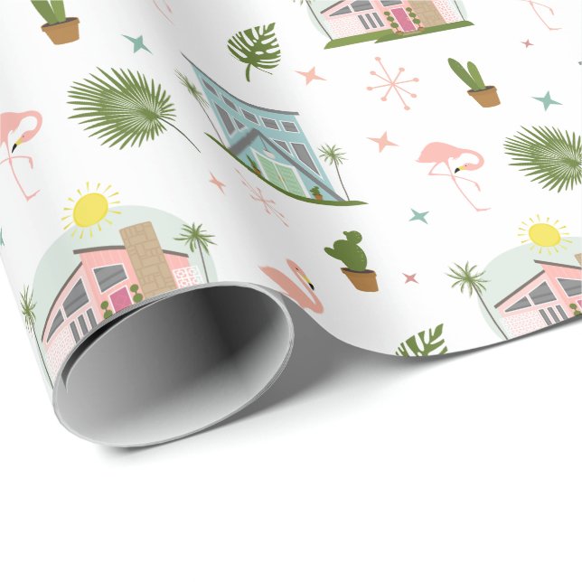 Papel De Regalo Palm Springs Flamingo Cactus Patrón de Medio Siglo (Esquina del rollo)