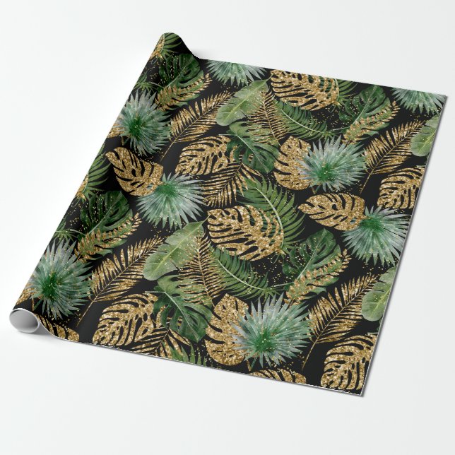 Papel De Regalo Palm tropical deja a Monstera Faux Gold Purpurina (Desenrollado)