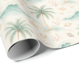 Papel De Regalo Palmeras en acuarela, conchas de mar, estrellas de