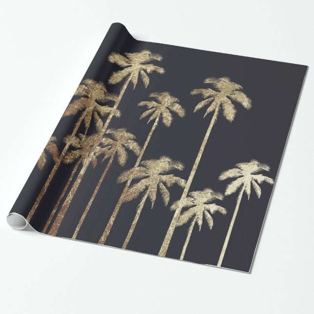 Papel De Regalo Palmeras tropicales del oro atractivo en negro (Desenrollado)