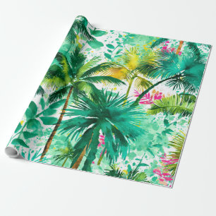 Papel De Regalo Palmeras Tropicales Rosa Verde Azul Costero