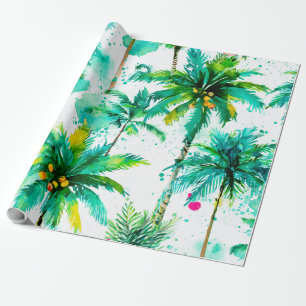 Papel De Regalo Palmeras Tropicales Rosa Verde Azul Costero