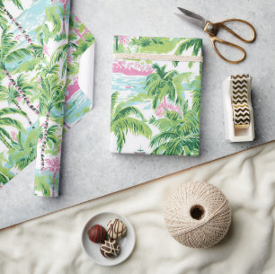 Papel De Regalo Palmeras tropicales verdes y rosadas de adormidera