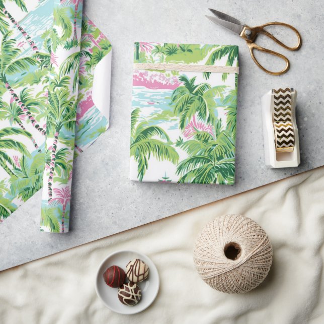 Papel De Regalo Palmeras tropicales verdes y rosadas de adormidera (Artesanía)