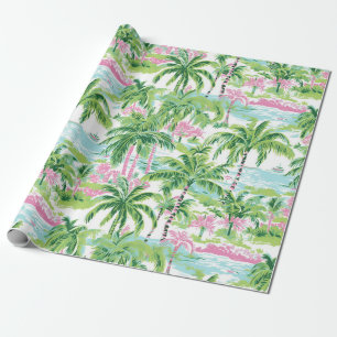 Papel De Regalo Palmeras tropicales verdes y rosadas de adormidera