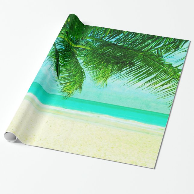 Papel De Regalo Palmeras verdes en la playa Mar Azul y Cielo (Desenrollado)