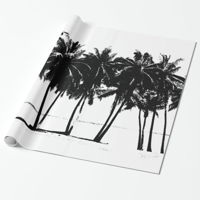 Papel De Regalo Palmeras y playas exóticas de Hawái blanco y negro (Desenrollado)