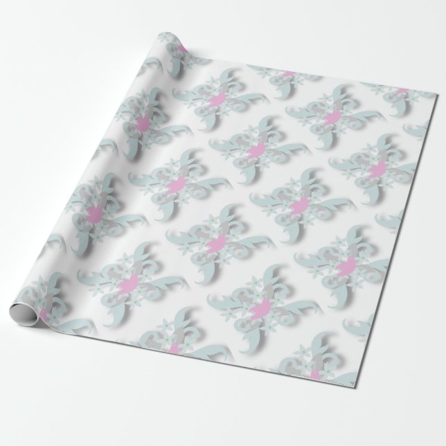 Papel De Regalo Paloma rosa con flores y frondas plateadas (Desenrollado)