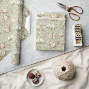Papel De Regalo Palomas de boda con rosas y cintas