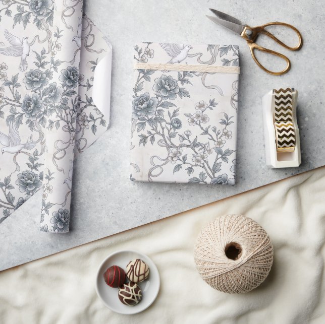 Papel De Regalo Palomas y flores de peonía con cintas (Artesanía)