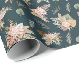 Papel De Regalo Pampas hierba y flores en Verde azulado oscuro