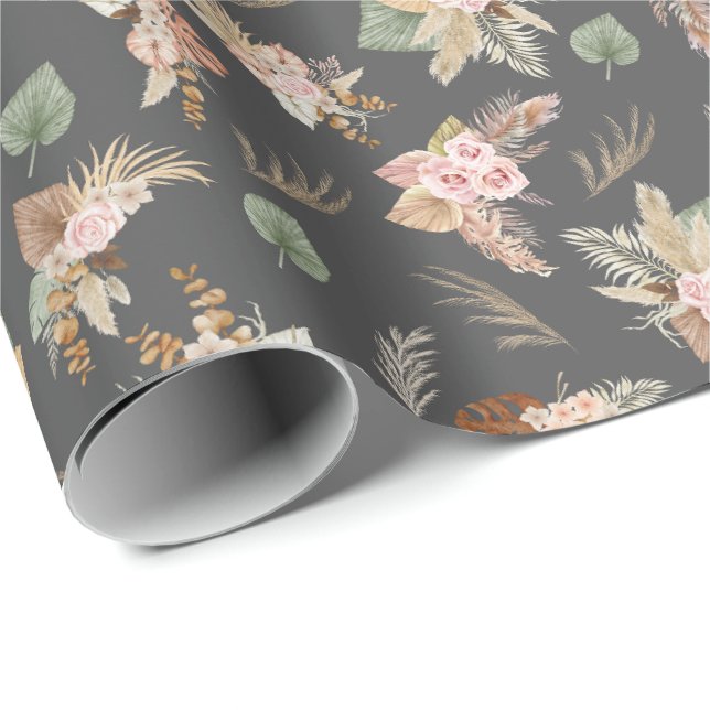 Papel De Regalo Pampas hierbas y flores en gris oscuro (Esquina del rollo)