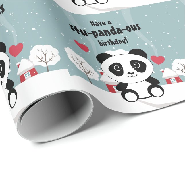 Papel De Regalo Panda De Bebé Cuto En Gris De Nieve De Invierno (Esquina del rollo)